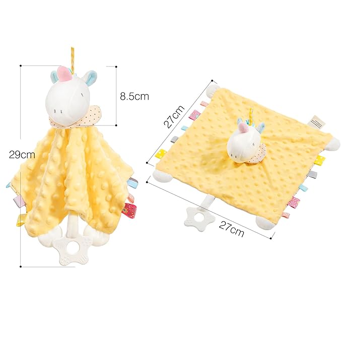 Zooawa Loveys for Babies, Security Blanket Soft Stuffed Animal Lovey Unisex Lovie Baby Stuff Snuggle Blanket with Tags Teether Bells, Soothing Plush Toys Baby Gift for Newborn, Yellow Unicorn