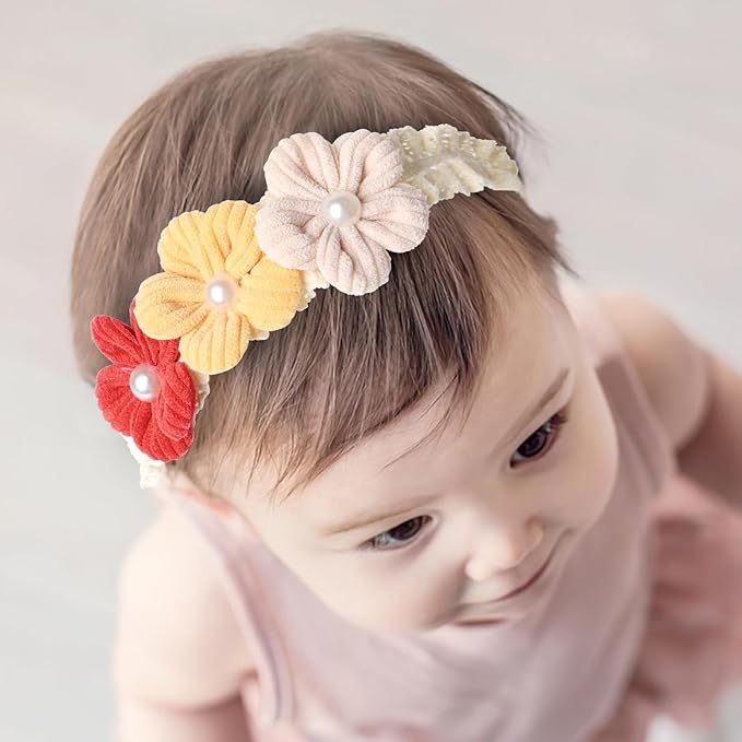 Handmade Baby Girl Headbands in Beige and Pink Lace Flowers for Newborns and Toddlers Cute Baby Girl Flowers and Newborn Headbands (Red yellow and pink flowers, One Size)