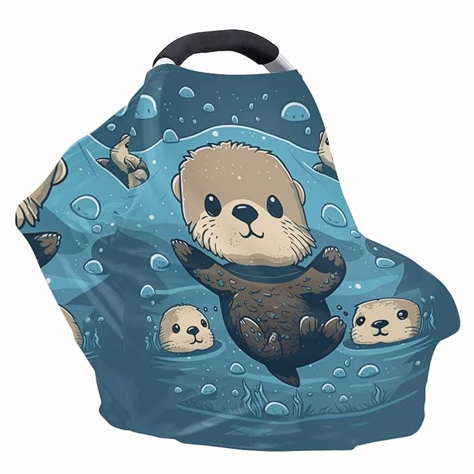 ZFRXIGN Otter Baby Car Seat Cover Animal Canopy Nursing Cover Ups Infant Carseat Cover Canopy Stretchy All Weather Protections Blue Cute Sea Ocean Animal