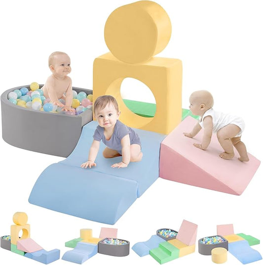 CAMELUS Climbing Toys for 1 Year Old, Foam Baby Climbing Blocks with Ball Pit for Toddlers, 6-Piece Soft Play Set, Indoor Climb Crawl Activity Play, Birthday (Balls not Included)