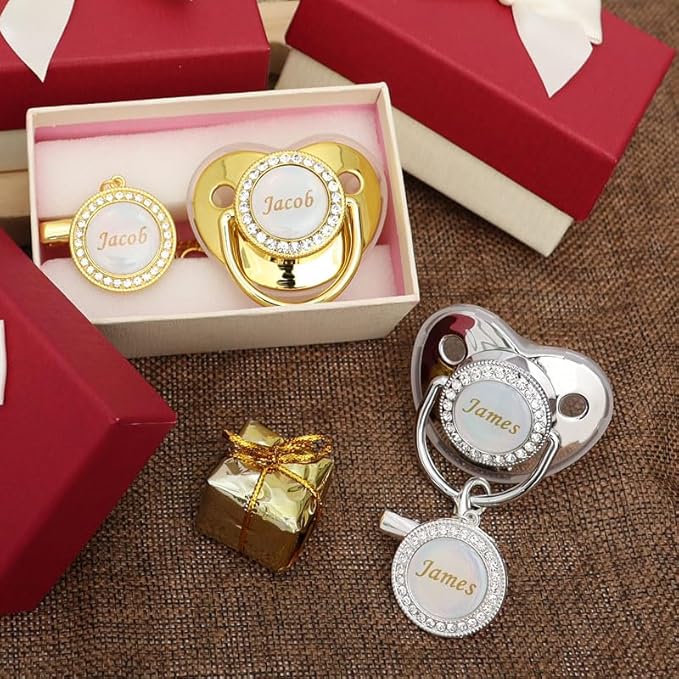 Personalized Pacifier with Name, Bling Gold Pacifier Clip Set Storage Box, Customized Glitter Crystal Luxurious Soother Ideal Gift for Boys Baby Shower Photography Newborn (Silvery) (Golden)