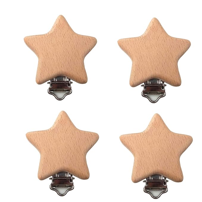 10pcs Natural Wood Suspender Pacifier Clips Cute Beech Wooden Animal Star Shape Clips Charm DIY Beading Pacifier Chain Accessory