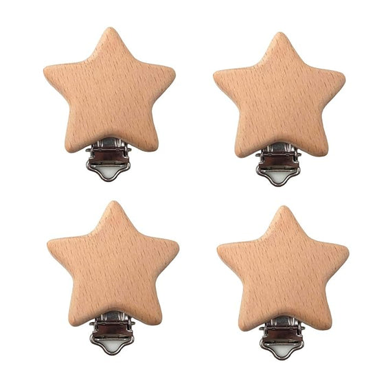 10pcs Natural Wood Suspender Pacifier Clips Cute Beech Wooden Animal Star Shape Clips Charm DIY Beading Pacifier Chain Accessory