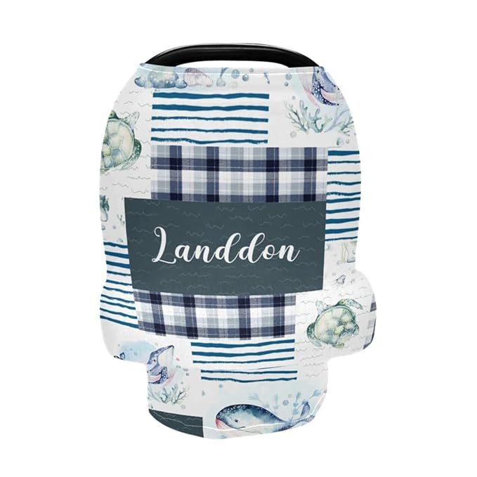 Personalized Baby Car Seat Cover for Boys Girls, Custom Nursing Covers for Breastfeeding with Name, Infant Stroller Cover, Baby Carseat Canopy for Newborn, Multiuse Car Seat Canopies, Ocean and Whale