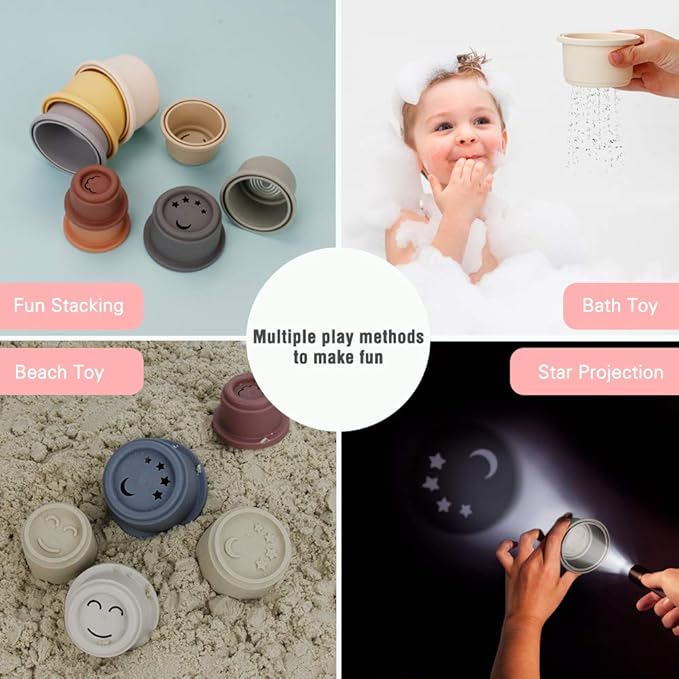 BOBXIN Stacking Cups Baby Building/Bathtub/Beach Toy 11.8″, Nesting Cup Early Educational Toddlers Stacking Toy, 8 Pcs with Numbers & Pattern, Fun for Kid Baby 6-12 Months Indoor/Outdoor