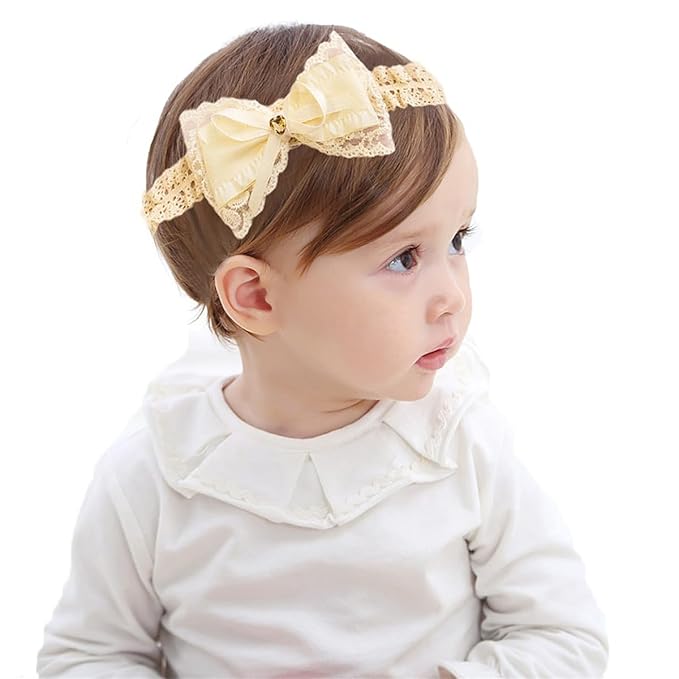 Baby Girl Bows Lace Headband Soft Cotton Tulle Hair Band Princess Infant Head Wrap Turban Ribbon Bow-knot Elastic Hair Accessory for Newborn Infant Toddler (Off white, Standard size)