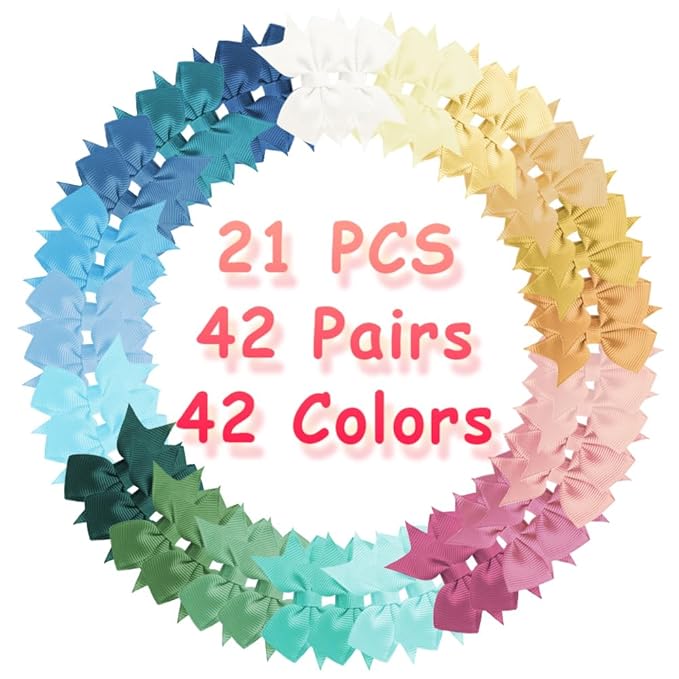 Baby Hair Clips, 42PCS 2" Fully Lined Hair Bows for Girls, Toddler Hair Accessories, Alligator Hair Clips for Girls Toddlers Baby Kids Teens (21 Colors in Pairs）