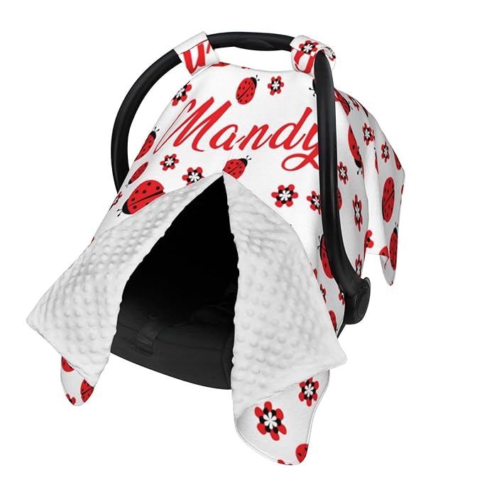 Custom Name Ladybug Baby Car Seat Canopy – Soft Minky Opening Nursing Cover, Personalized Infant Carseat & Stroller Cover for Newborn Boys Girls