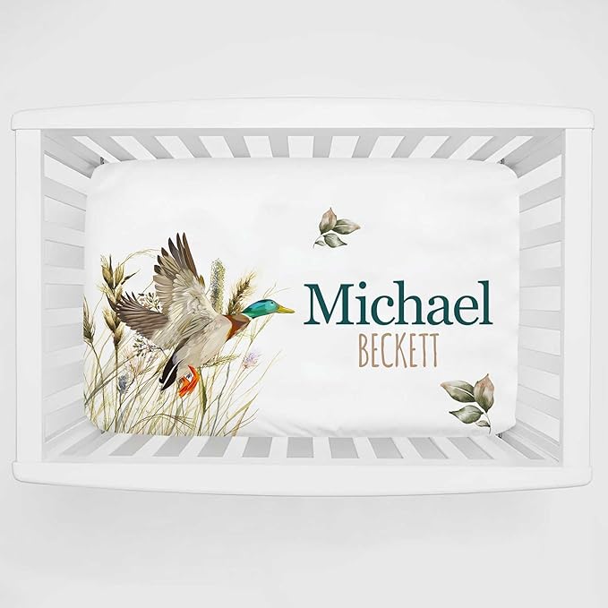Personalized Mini Crib Sheets with Name, Custom Name Baby Pack and Play Sheets for Boys Girls, Name Pack n Play, Customized Soft Fitted Sheet with Name (Wild Duck), 39x27x5 Inch