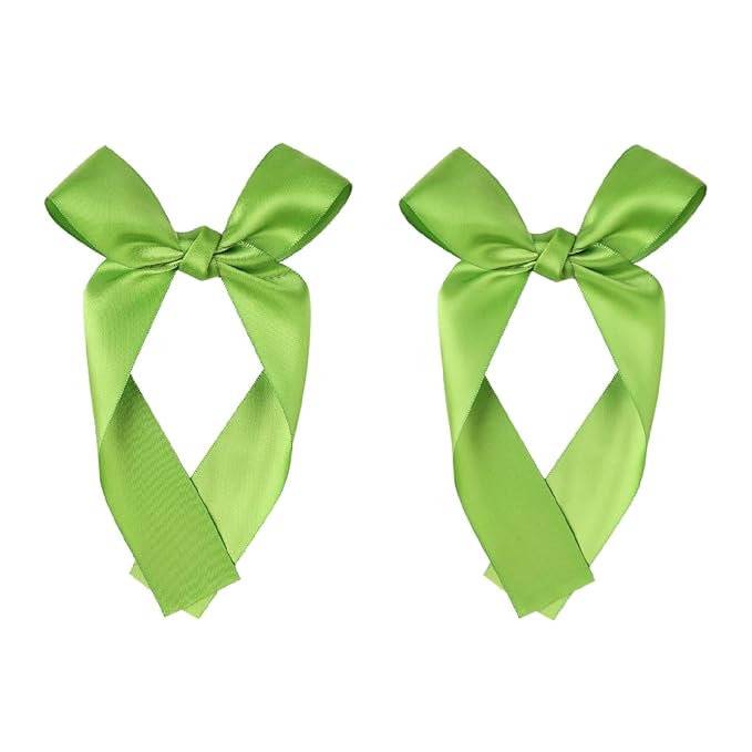 2-Pack Long Satin Ribbon Hair Bows for Girls – Elegant Silk Hair Clips for Toddlers, Infants, Teens & Kids - Green