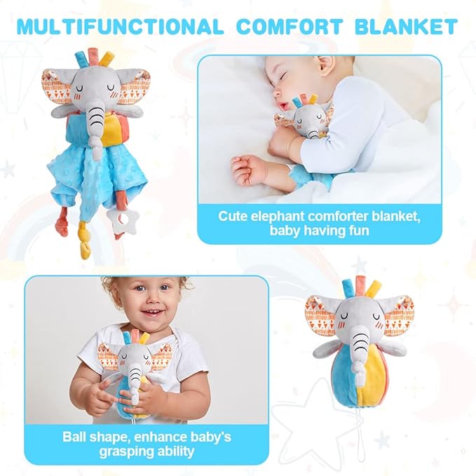 Vicloon Elephant Baby Security Blanket, 3IN1 Plush Baby Security Blanket with Tags&Teether, Babies Security Blanket for Boys&Girls, Security Blanket for Nursery Strollers, Cribs, Car Seats(Blue)