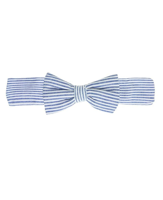 RuffleButts® Baby/Toddler Girls Blue Seersucker Bow Headband - 0-24m