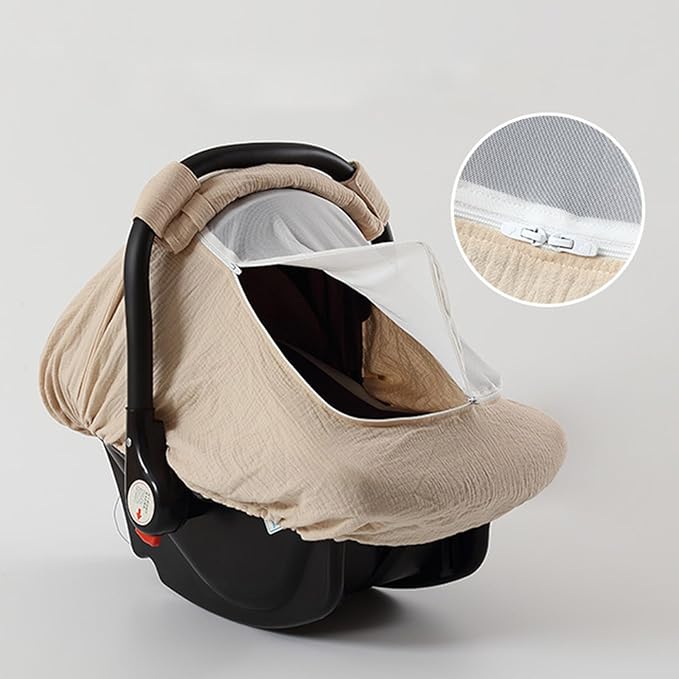 Yuly Baby Car Seat Cover - Stretchy Canopy with Breathable Mesh - Universal Fit - Beige Cotton, Mesh - Not Water Resistant