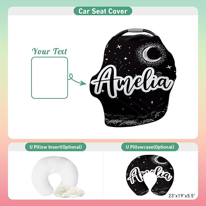 Custom Name Car Seat Canopy - Baby Car Seat Covers, Infant Stroller Cover, Black Moon Carseat Canopy Christmas Birthday Gifts for Girls and Boys