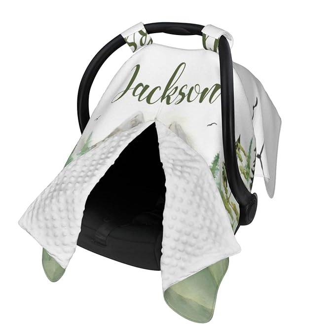 Personalized Baby Car Seat Canopy for Babies, Custom Name Woodland Bear Car Seat Covers for Baby Boys Girls, Opening Minky Nursing Breastfeeding Cover for Infant, Carseat Canopies for Newborn