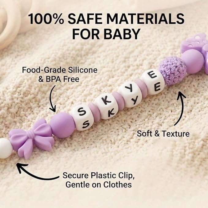Personalized Name Pacifier Clips Nipples Holder Chain,Custom Baby Name Accessories Newborn Boy Girl Pacifier Clip (Purple)