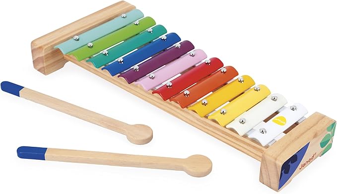 Janod - Wooden and Metal Xylophone - Children's Musical Instrument - 12 Keys and 2 Drumsticks Included - Imitation Toy and Musical Awakening - Water Painting - Suitable for Ages 18 Months Onwards
