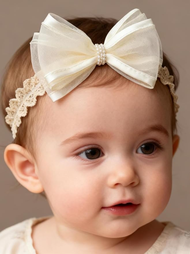 Baby Girls Hairbands bows Headband Stretchy Soft Flower Hairband Toddler Handmade Headbands with Pearls Elastic Headband for Infant Toddler Girl Hair Accessories (Pearl Bow, Elastic)