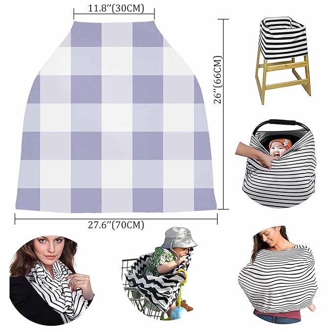 Purple White Plaid Car Seat Covers for Babies, Modern Geometric Checkered Lattice Nursing Breastfeeding Covers Stretchy Breathable Baby Carseat Canopy Cover for Girls and Boys Shower Gifts