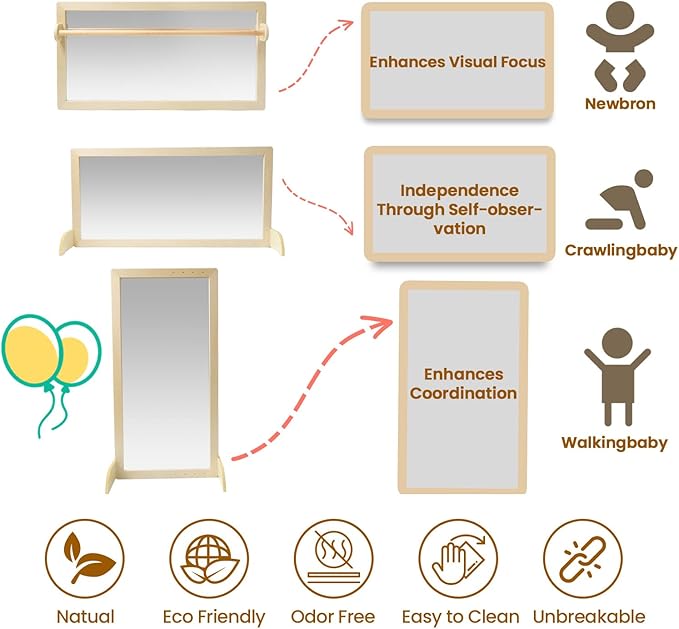 Infant Coordination Mirror Montessori Safety Pull up Bar Baby Mirror Acrylic Non-Glass Early Learning to Walk Mirror Upgrade Dual-Use with Base 47.24”