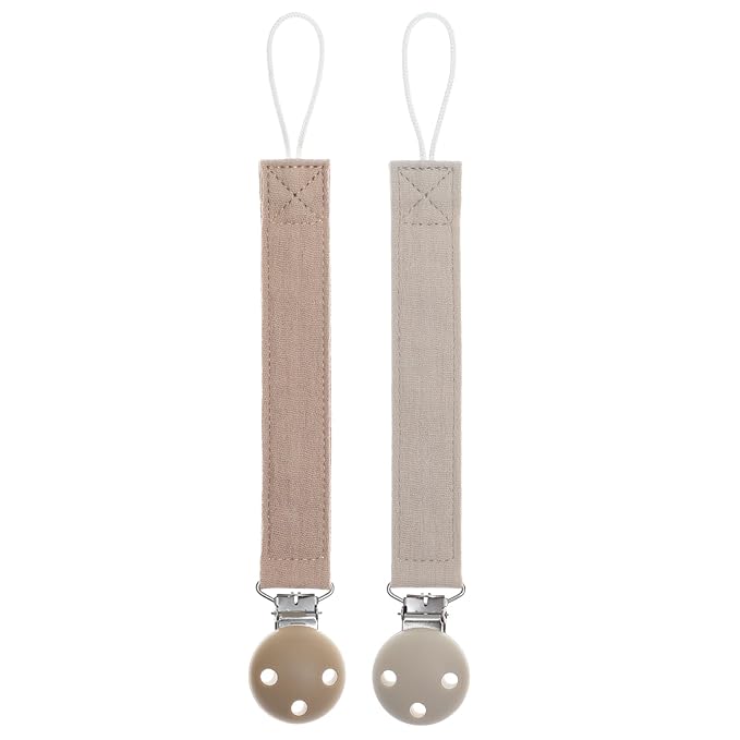 Pacifier Clip Holder for Baby Boy and Girl, Soft Pure Cotton Fabric Paci Binky Clips Fits for Most Pacifier Teethers & Small Toys in Place (Sand+Light Grey)