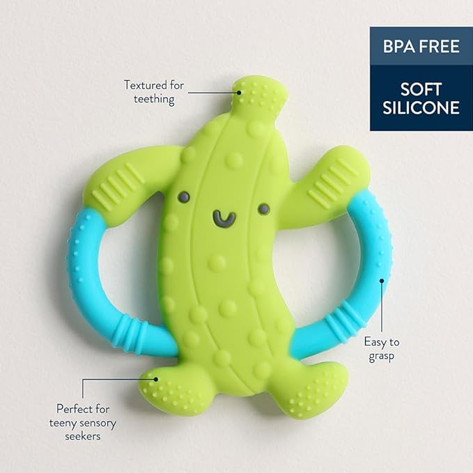 Itzy Ritzy Pickle-Shaped Baby Teether with Handles – Silicone Teether for Babies with Easy-Grab Handles and Textured, Teethable Surfaces – Baby Teething Toy for 3 Months & Up (Pickle)