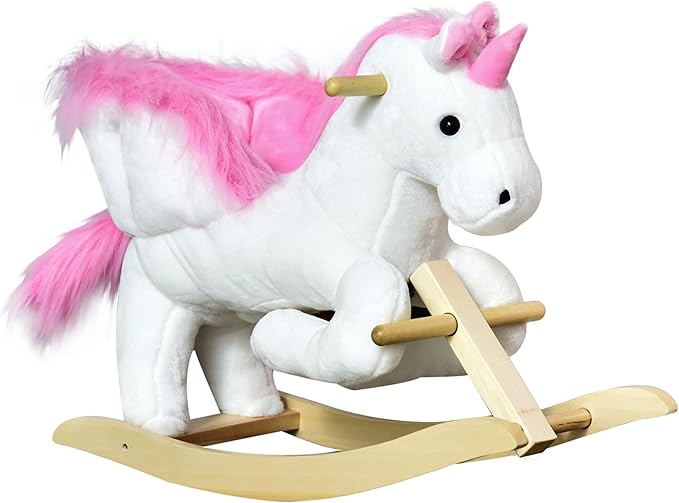 Qaba Unicorn Baby Rocking Horse Toy for Kids with Lullaby Song, Plush Ride on Horse with Heavy-Duty Support System, Interactive Toy Pretend Play Toy for Toddlers 18-36 Months