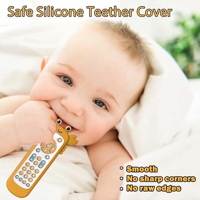 Baby TV Remote Control Toy with Cute Crab Soft Silicone Cover Teething Toy, Realistic Baby Musical Remote Control Toy with Light ＆ Sound, Educational Toys with 3 Language for 6m+Toddlers(Yellow)
