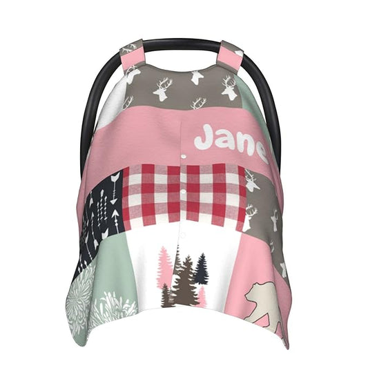 Personalized Baby Car Seat Canopy for Babies with Name, Custom Car Seat Covers for Girls, Infant Opening Minky Nursing Breastfeeding Stroller Cover Carseat Canopies for Newborn (Deer and Bear Pink)