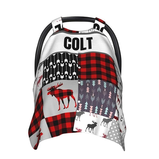 Personalized Baby Car Seat Canopy for Babies, Custom Name Car Seat Covers for Boys and Girls, Opening Minky Nursing Breastfeeding Cover for Infant, Carseat Canopies for Newborn (Deer Red Plaid)