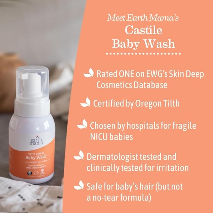 Earth Mama Sweet Orange Baby Liquid Wash Foaming Hand Soap, Organic All Purpose Body Wash for Sensitive Skin, Castile Soap with Coconut Oil, Shea Butter, Calendula, & Aloe, 6.27 fl oz