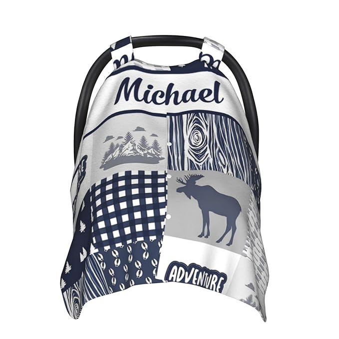 Personalized Baby Car Seat Canopy for Boys, Custom Name Baby Car Seats Covers for Babies, Opening Minky Nursing Breastfeeding Stroller Cover Infant Carseat Canopies for Newborn (Woodland Moose)
