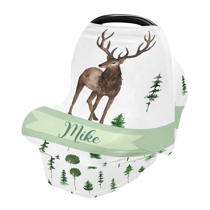Personalized Baby Car Seat Cover for Boys Girls, Custom Nursing Covers for Breastfeeding with Name, Infant Stroller Cover, Baby Carseat Canopy for Newborn, Multiuse Car Seat Canopies, Woodland Deer