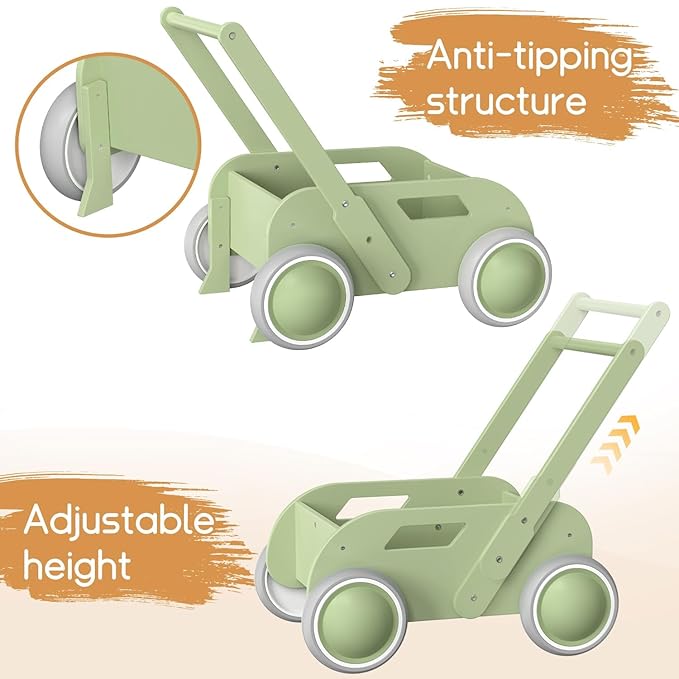 HOMEKOL Wooden Baby Walker,Baby Push Walker, Adjustable Speed Baby Walker for Boys and Girls, Baby Activity Center, Gift for Birthday, Christmas and New Year Green