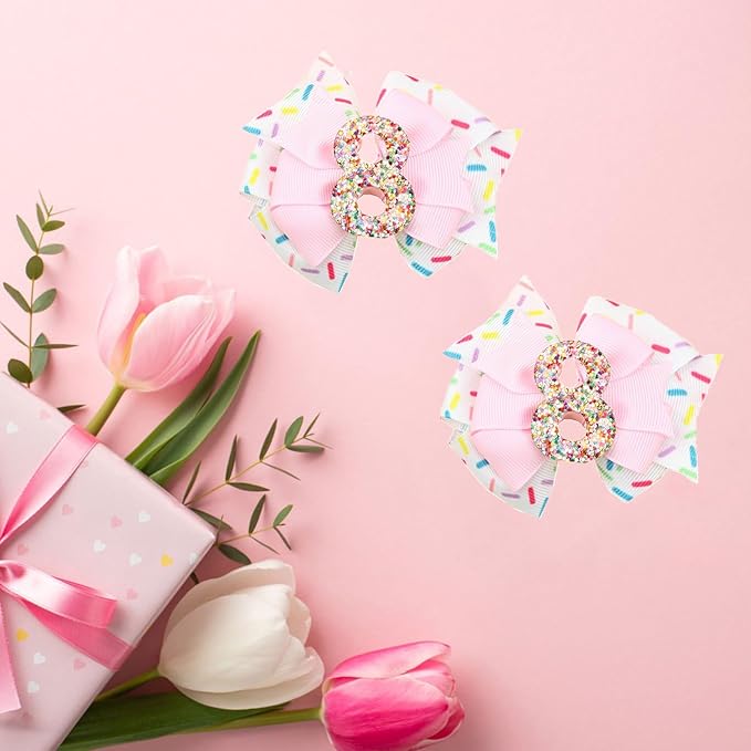 Birthday Hair Bow for Baby Girls - 2Pcs Pink Sprinkle Hair Clips for 8th Birthday Glitter Ice Cream Baby Bow Party Decorations for Girls Toddlers Hair Accessories (Pink-8 Years-Clips)