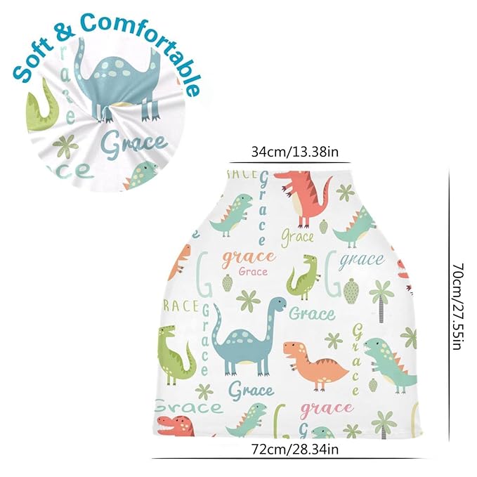 Personalized Dinosaur Baby Car Seat Cover for Boys, Customized Infant Carseat Covers with Name, Multi Use Nursing Cover Breastfeeding Scarf, Stroller Sun Shade Cover Canopy