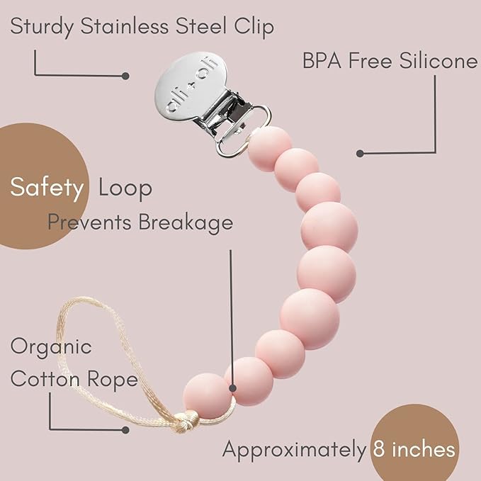 Ali+Oli Silicone Pacifier Clip for Baby (Pink) 100% Food-Grade BPA Free Newborn Pacifier Holder Infant Binky Clip for Baby Boy or Girl