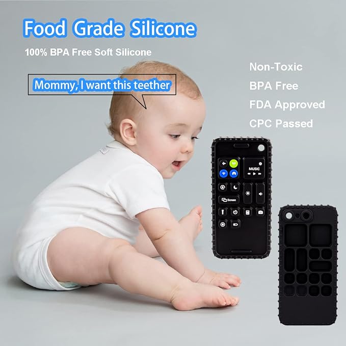 Soft Silicone Baby Cell Phone Teethers | Teething Toys 0-12 Months | Infant Teether for Breastfeeding Baby Boy Girl (Black)