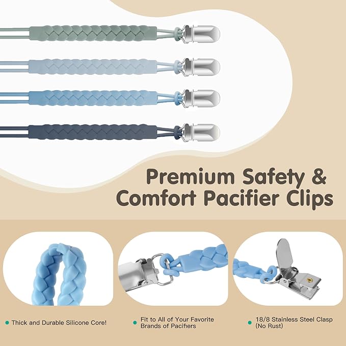 TenderBabe Silicone Pacifier Clip for Baby Boys and Girls, Pack of 6 Soft Flexible Paci Binky Clips with One-Piece Braided-Style Design,BPA-Free Newborn Essentials