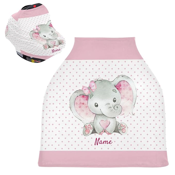 Personalized Baby Name Car Seat Covers for Girls, Customized Cute Elephant Infant Stroller Canopy, Babies Nursing Covers Breastfeeding Scarf Shopping Cart Cover