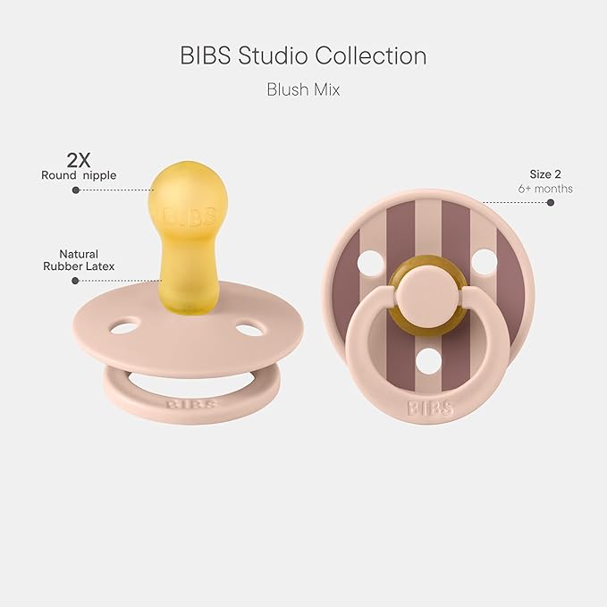 BIBS Pacifiers - Studio 2 Pack | Round Nipple Baby Pacifier | BPA Free Natural Rubber Latex Soother | Made in Denmark | Size 6+ Months | Block Blush