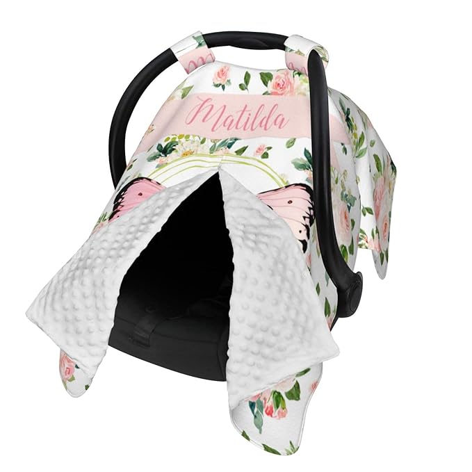 Personalized Baby Car Seat Canopy for Babies with Name, Custom Butterfly Stroller Car Seat Covers for Girls, Minky Nursing Carseat Cover for Breastfeeding, Car Seat Canopies for Newborn