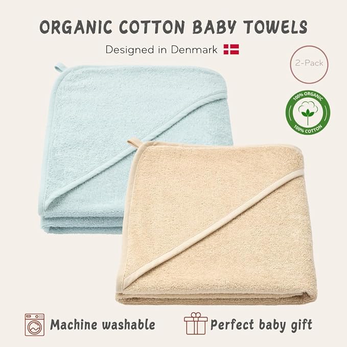 Hooded Baby Towels - 100% Organic Cotton Baby Bath Towels, 32" x 32" Super-Soft and Absorbent Baby Towels for Newborn Baby Boys 2-Pack (Fog/Baby Blue)