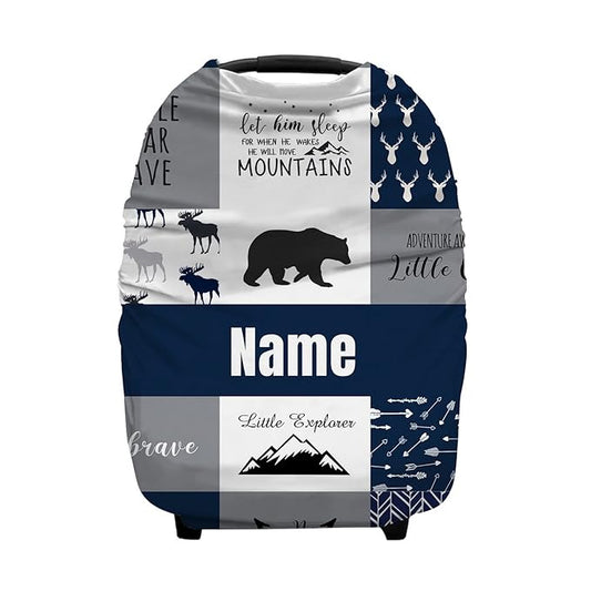 Personalized Woodland Deer and Bear Blue Baby Car Seat Covers with Name, Custom Nursing Cover Breastfeeding for Babies, Carseat Canopy for Boys, Infant Stroller Cover, Breathable Carseat Cover
