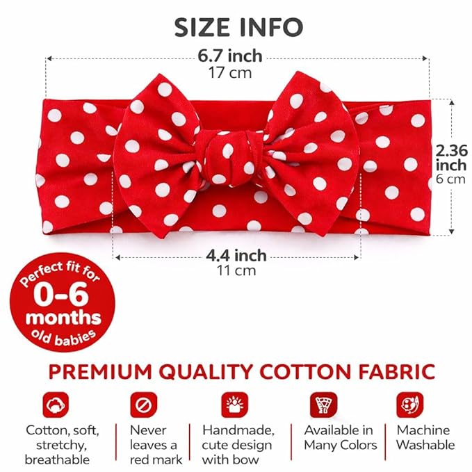 Baby Girl Headbands 0–6 Months – Newborn Infant Soft Cotton Handmade Bow Headband, Stretchy No Mark Baby Hair Accessories (Red with White Polka Dots, 0-6 Month)