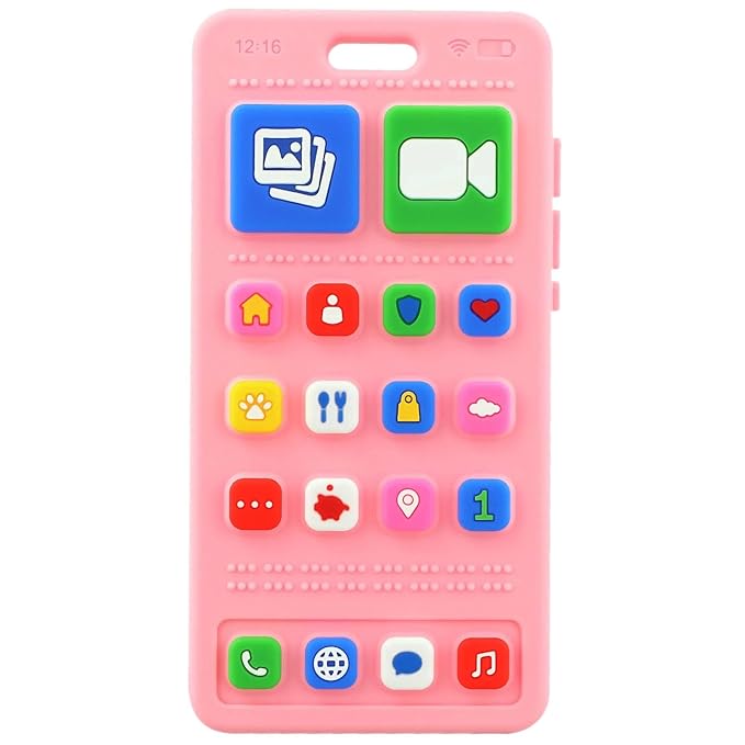 Baby Silicone Teething Toys, Phone Teether Toys for Toddlers 3-18 Months, Boys Girls Babies Teething Toy, Baby Chew Toy, Freezer BPA Free, Pink