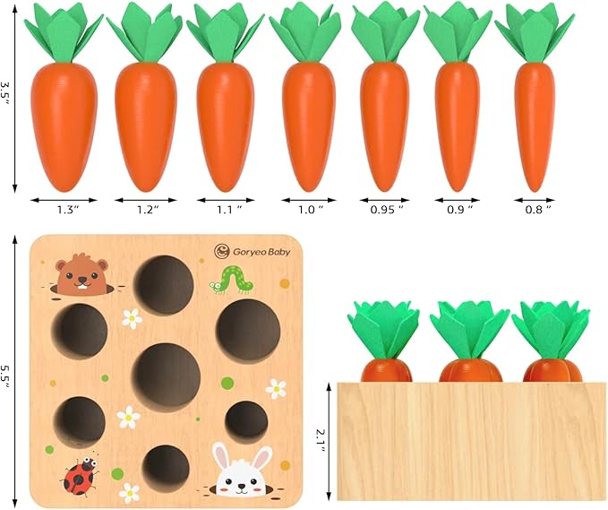 KMTJT Montessori Toys for 1 2 3 Year Old Toddlers, Carrot Harvest Game Wooden Toy for 2 3 Year Old Baby Boys and Girls, Educational Learning Shape Sorting Matching Gifts 1-3