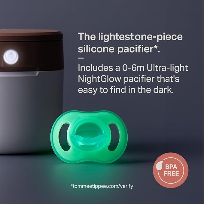 Tommee Tippee Pacifier Travel Sterilizer Case with 0-6M Ultra-Light NightGlow Pacifier, Glows in the Dark Charges in 2 Minutes, Portable UVC Sterilizer, AA Lithium Battery or USB Charge