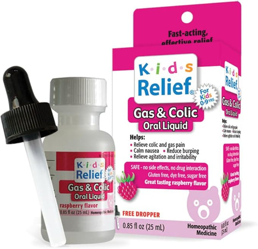 Kids Relief Gas & Colic, Natural Oral Liquid Formula with Dropper, Raspberry Flavor, Gluten and Dye Free, No Sugar, 25mL