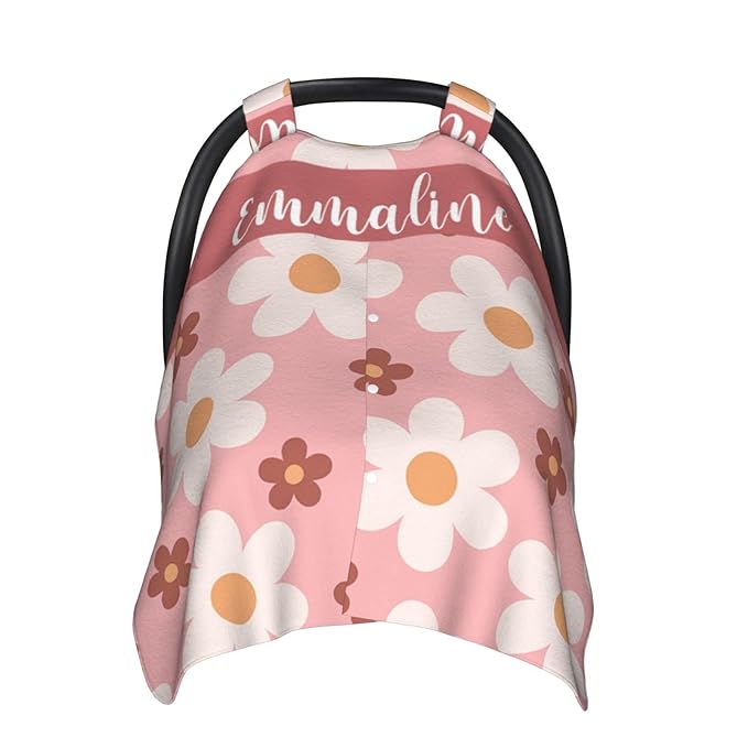 Personalized Pink Floral Baby Car Seat Canopy with Name – Custom Nursing Cover, Stroller Seat Cover, Breastfeeding Privacy Blanket, Soft Breathable Infant Cover for Newborn Girl Gift